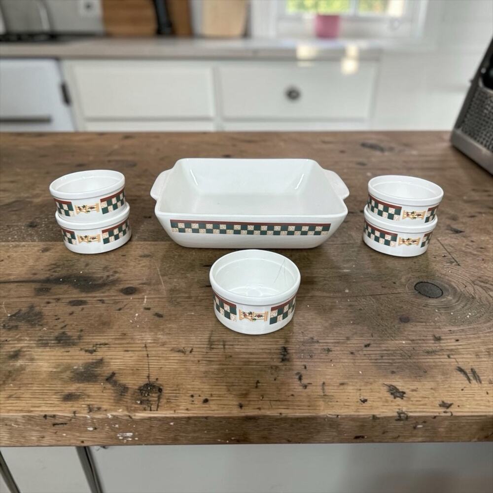 Vtg Betty Crocker Country Inn Collection Square Baking Dish & 5 Ramekin Bowls